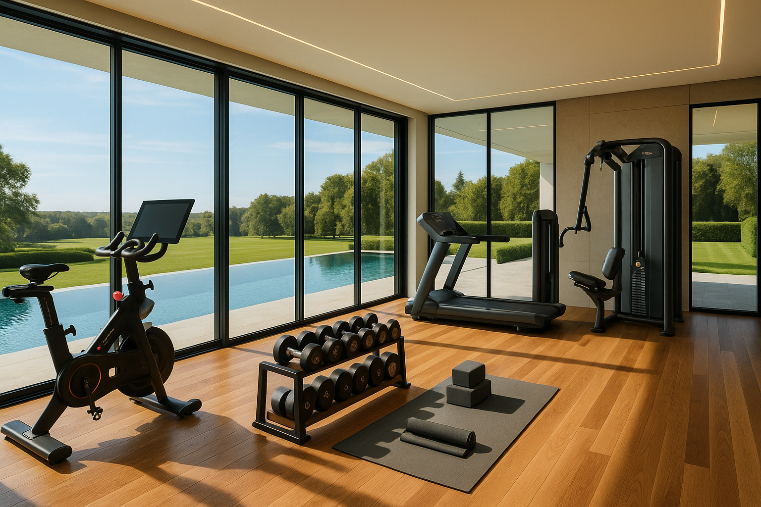Luxurious home gym with floor-to-ceiling glass walls overlooking an infinity pool and manicured estate grounds, featuring premium fitness equipment on polished hardwood floors with elegant design elements