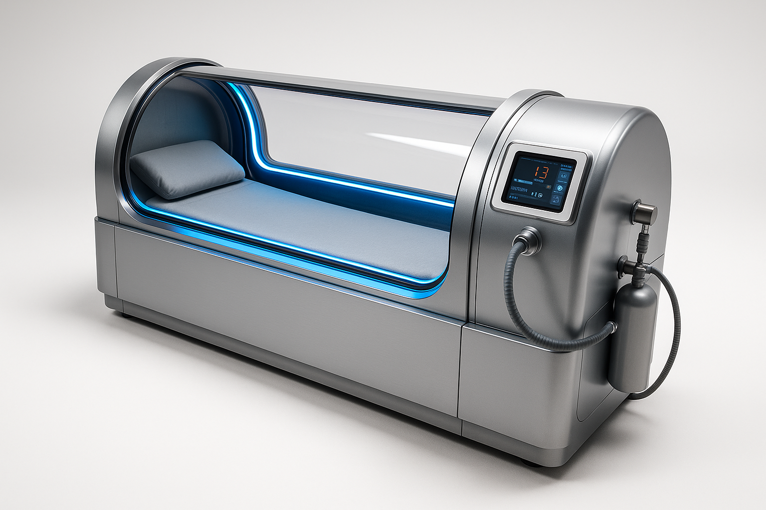 Single-person hyperbaric chamber with sleek metallic design, transparent top section, and blue accent lighting on a white background