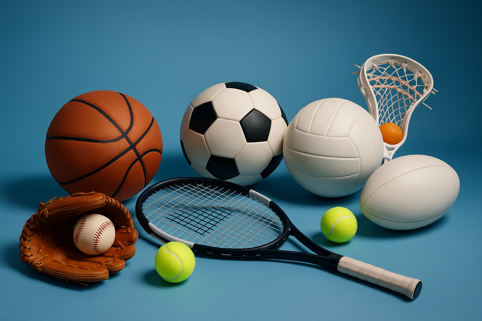 Sports equipment collection featuring basketball, baseball, softball, tennis racket, soccer ball, volleyball, lacrosse stick, and rugby ball arranged on a gradient blue background