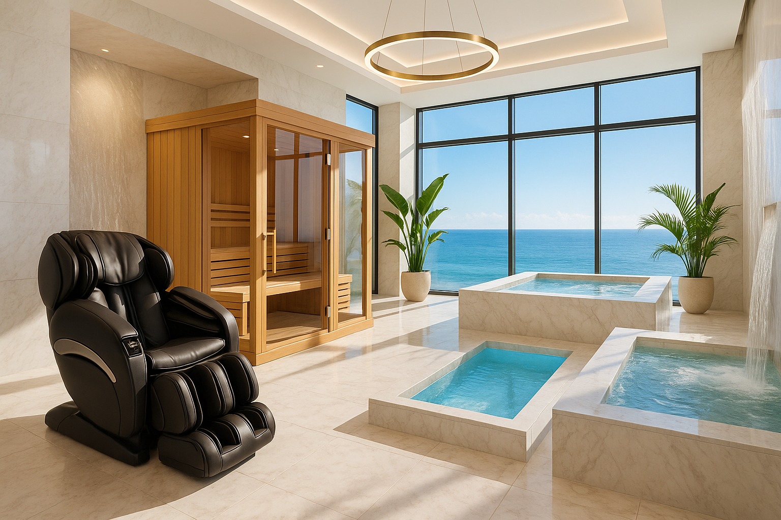 Ultra-luxurious wellness recovery sanctuary with a high-tech full-body massage chair, custom cedar sauna, ice plunge pool, and infinity hot tub in a bright space with ocean views through floor-to-ceiling windows
